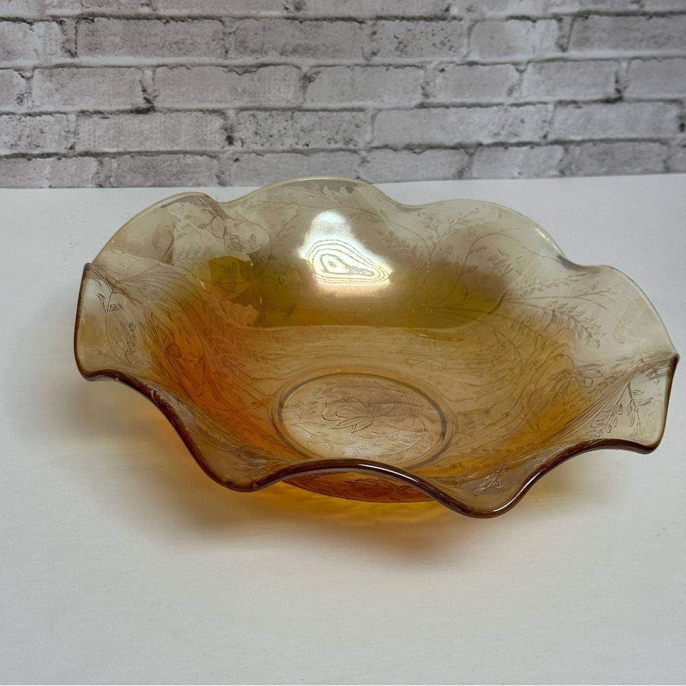 Vintage Iridescent Marigold Carnival Glass Decorative Bowl  Leaf Etched Design